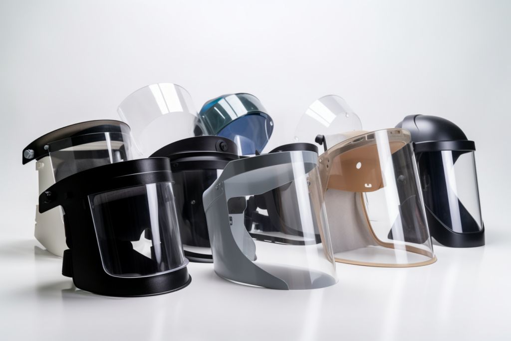 A photograph showcasing an array of face shields, each designed for different industries