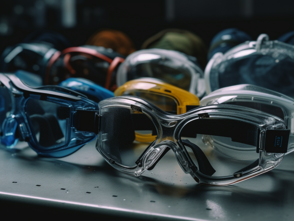 An assortment of safety goggles, including direct vented, indirect vented, non-vented, prescription, and polarized,