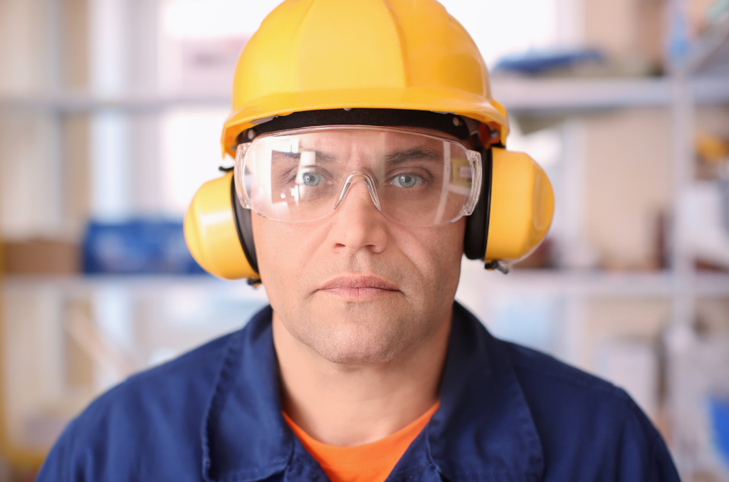 a construction worker wearing safety goggles
