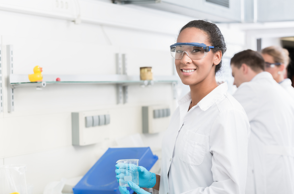 a medical professional wearing safety goggles