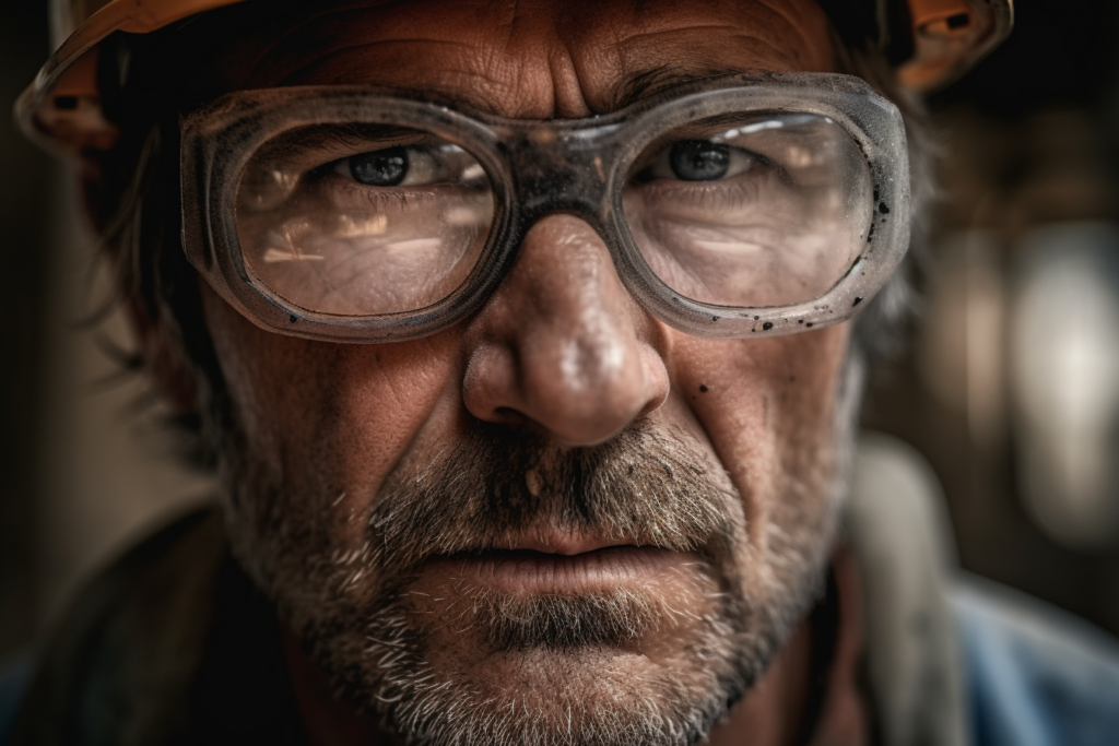 a close up of a rugged worker with safety glasse